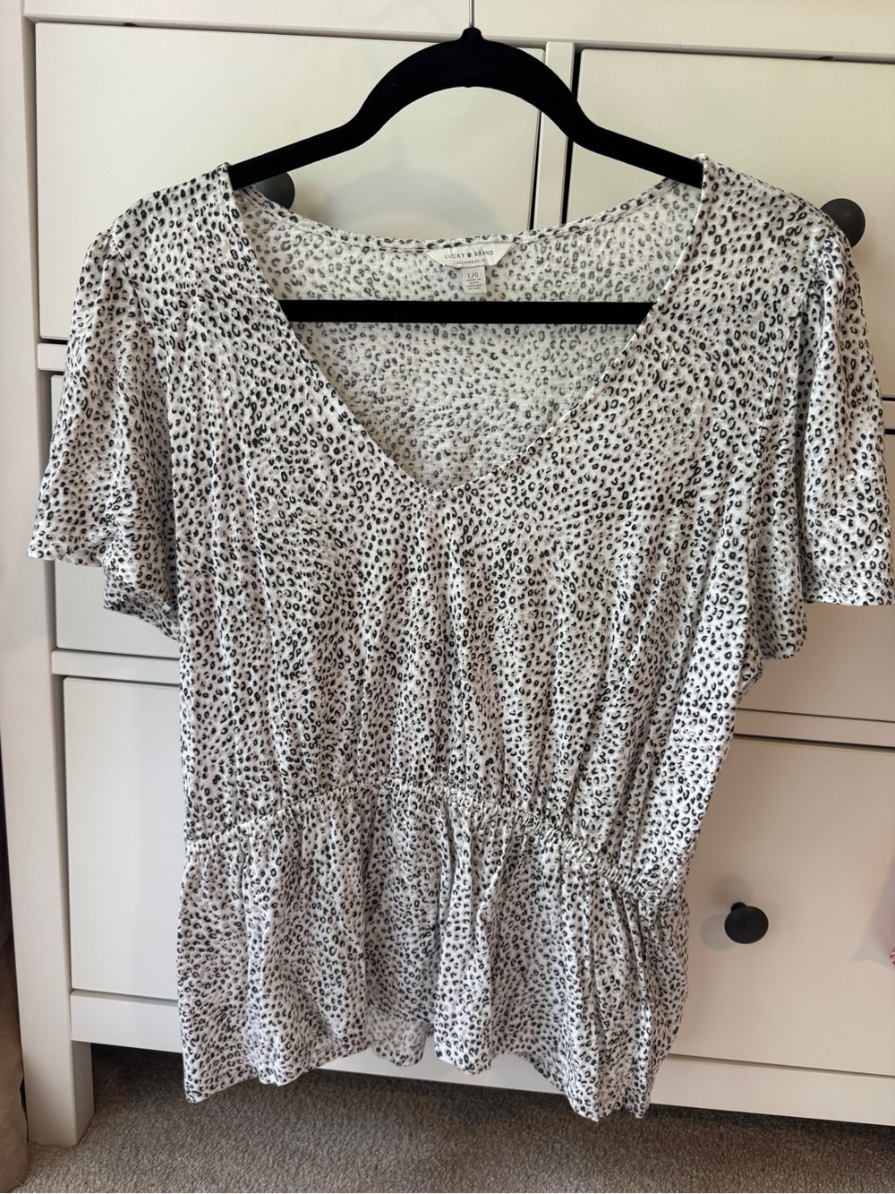 Lucky Brand White and Black Animal-Print V-Neck Peplum Top